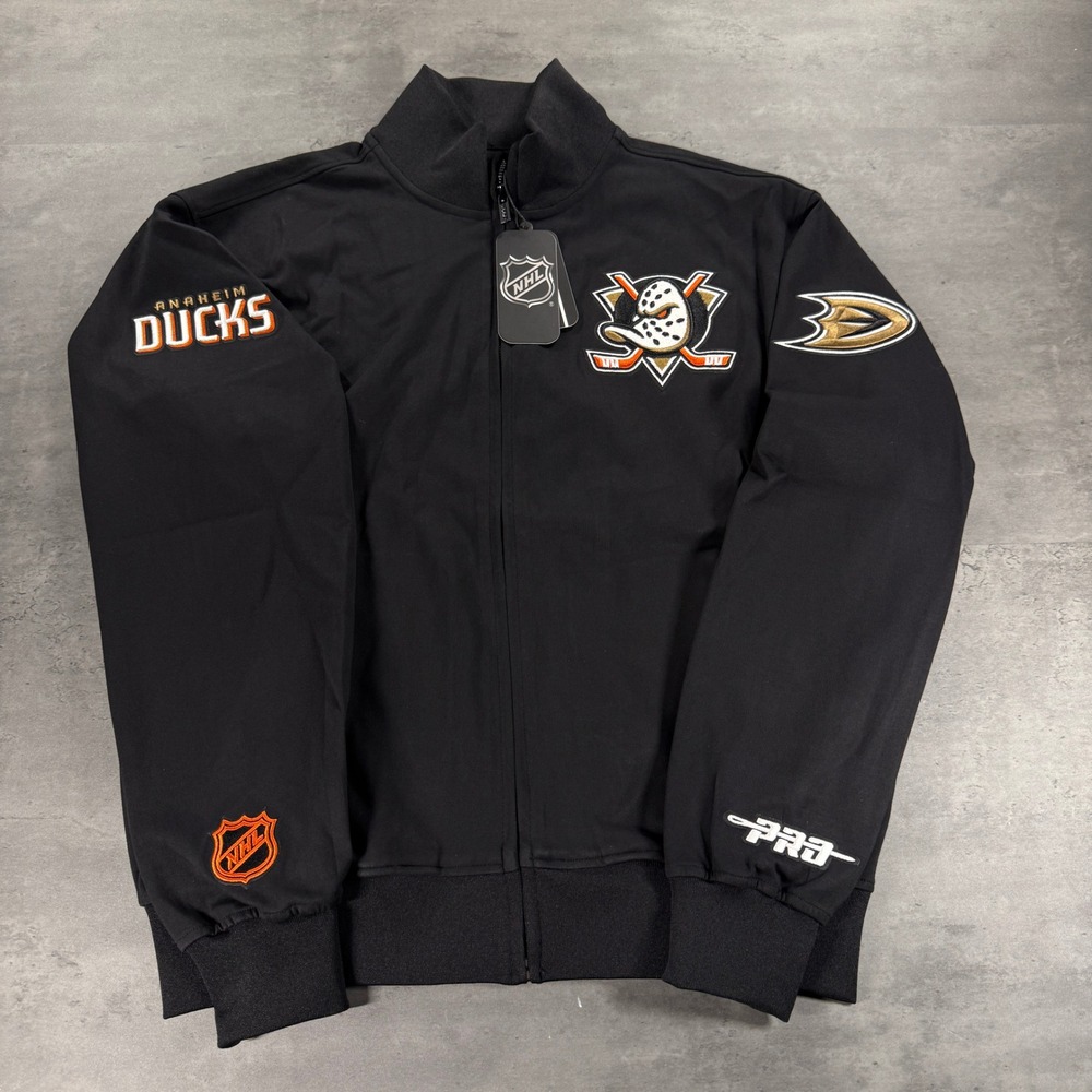 Anaheim Ducks Bomber Jacket Mens L Black NHL Hockey Pro Standard Chenille Patch